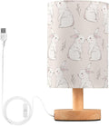 Table Lamp White Bunny Rabbits Pattern Nightstand Lamp with Wood Base Fabric Lamp Shade Bedside Desk Lamp for Living Room Bedroom Kids Room Office