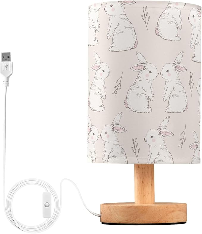 Table Lamp White Bunny Rabbits Pattern Nightstand Lamp with Wood Base Fabric Lamp Shade Bedside Desk Lamp for Living Room Bedroom Kids Room Office