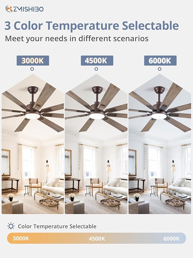 ZMISHIBO 72 inch Oil Rubbed Bronze Ceiling Fans with Lights and Remote, Indoor/Outdoor Farmhouse Ceiling Fan for Living Room Patio, 6 Speed Reversible Quiet DC Motor, 3CCT, Dual Finish Blades