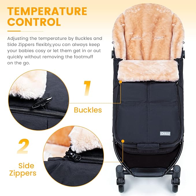 Orzbow Stroller Footmuff Universal | Faux Wool Baby Bunting Bag | Warm, Weather-proof, Adjustable Buckles | Winter Stroller Zipper Blanket Cover | Baby Sleeping Bag for Cold Weather Accessories, Black