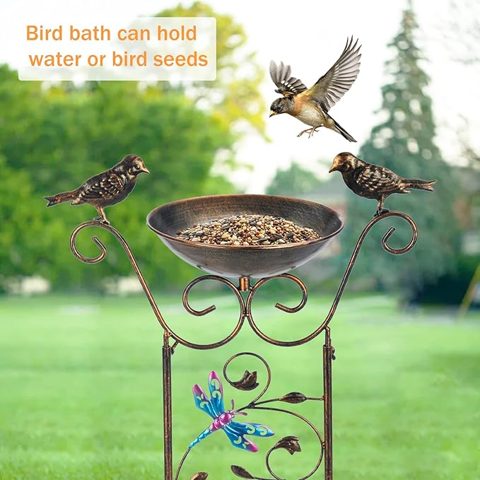 LEWIS&WAYNE Garden Trellis Bird Bath Outdoor, 40 Inch Antique Iron Garden Plant Trellis Decorative with Dragonfly and Detachable Drinking Basin Bowl, Free Standing BirdBath Birdfeeder Station