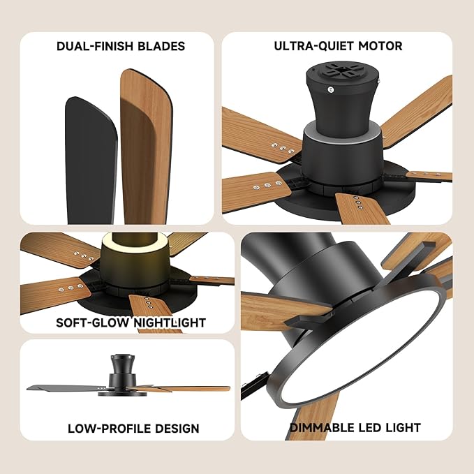 Ceiling Fans with Lights,52 inch,Quiet,Reversible Motor,Dimmable, Adjustable Color Temperature,6 Speeds,Timer, Low Profile Ceiling Fan for Bedroom,Living Room,Indoor/Outdoor Use (Black)