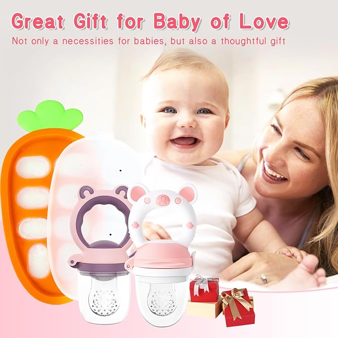 Baby Fruit Food Feeder Pacifier - Fresh Food Feeder, Infant Fruit Teething Teether Toy for 3-24 Months, 3 Pcs Silicone Pouches for Toddlers & Kids & Babies, 2-Pack (Purple Pink)
