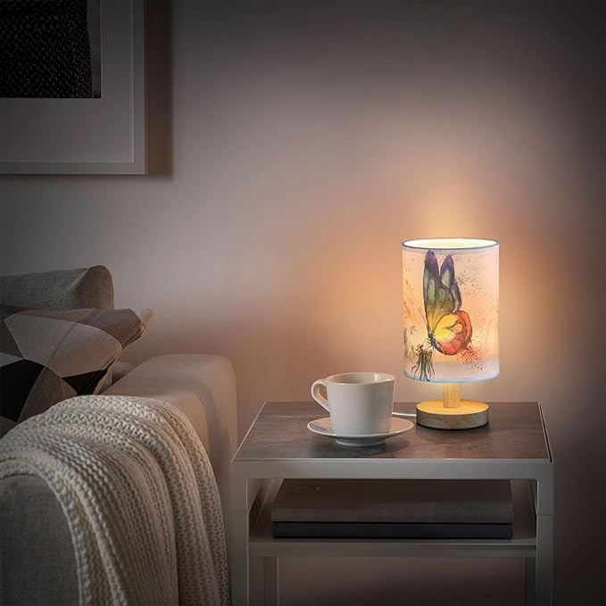 Table Lamp Paint Butterfly Dandelion Nightstand Lamp with Wood Base Fabric Lamp Shade Bedside Desk Lamp for Living Room Bedroom Kids Room Office