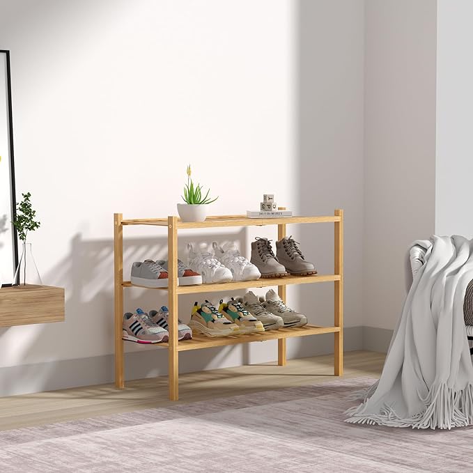 3 Tier Bamboo Shoe Rack for Closet Free Standing Wood Shoe Shelf Storage Organizer for Entryway Small Space Stackable 27"x11"x20" (Natural)