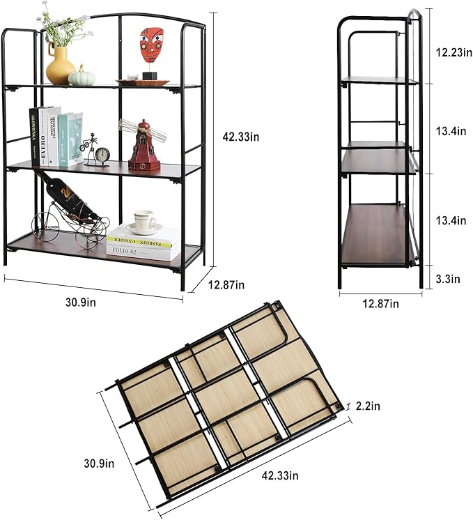 Crofy No Assembly Folding Bookshelf for Living Room, 3 Tier Black Collapsible Book Shelf for Home Office, Portable Bookcase Storage Organizer