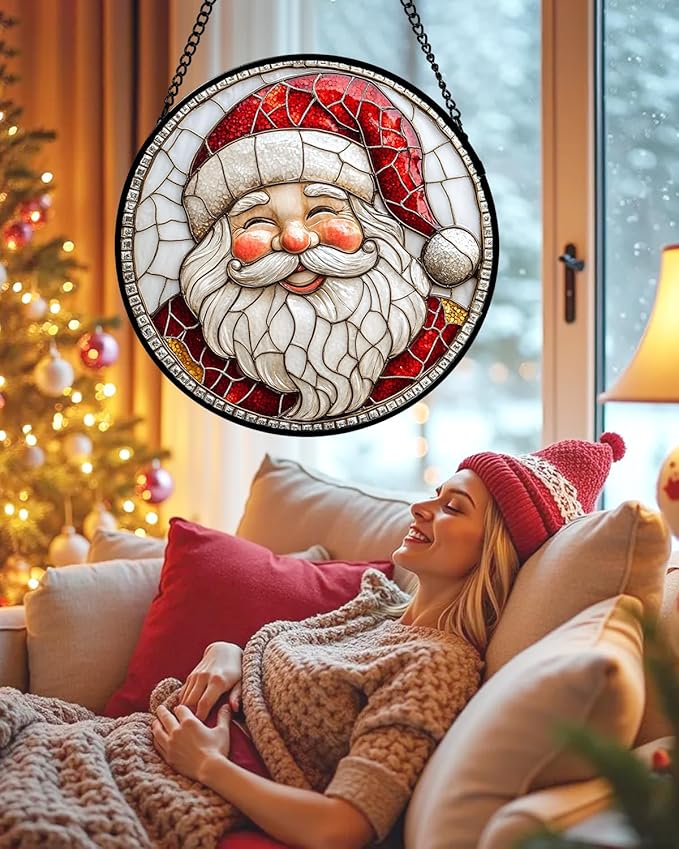 Stained Glass Window Hanging - Red White Santa Claus Suncatcher for Doors Home Christmas Decoration Winter Sun Catcher Thanksgiving New Year Birthday Gifts for Women Men Mom Nana Girl 15 in