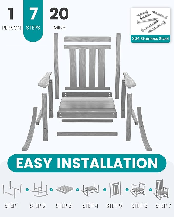 SERWALL Oversized Outdoor Rocking Chair Set of 2, HDPE Rocker for Adults, Patio Rocking Chairs for Porch, Sliver Gray