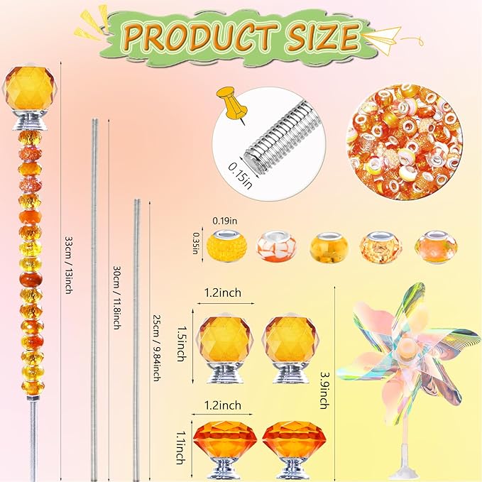 101 PCS Beaded Garden Stakes Kit, DIY Fairy Wand Garden Stake Beads Kits with Orange Large Hole Beads 4 Crystal Stopper Top Threaded Rods and 2 Colored Small Windmills for Outdoor Indoor Decor