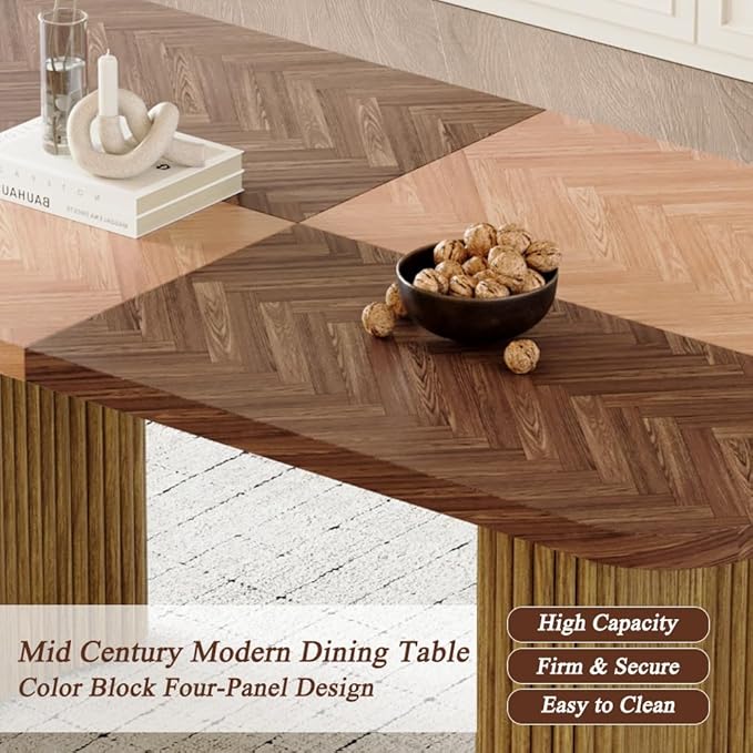 79" Large Dining Table Set for 8, Rectangular Wood Dining Room Table with 8 Suede Upholstered Chairs, 1.7" Thick Two-Color Wood Top & Sculpted Wave Legs, Modern Farmhouse Kitchen Table and Chairs Set