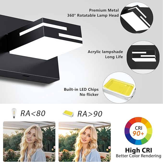LED Modern Bathroom Vanity Light Fixtures 4-Light 28-inch 5CCT Dimmable Matte Black Vanity Lights for Bathroom Lighting Fixtures Over Mirror, with 360° Rotatable Acrylic Heads