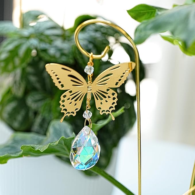 HDCRYSTALGIFTS 6pcs Crystal Butterfly Suncatchers with 13'' Gold Trellis for Mini Potted Plants Decorations, Garden Indoor Plant Accessories Fairy Garden Sun Catchers, Plant Lover Gift