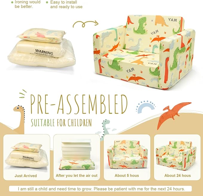 Dinosaur Kids Sofa Bed,Diary Kids Couch- Convertible 2-in-1 Lounger with Detachable Washable Cover, Foldable Toddler Chair, Flannel-Covered Toddler Armchair for Bedroom, Playroom, Naps & Travel