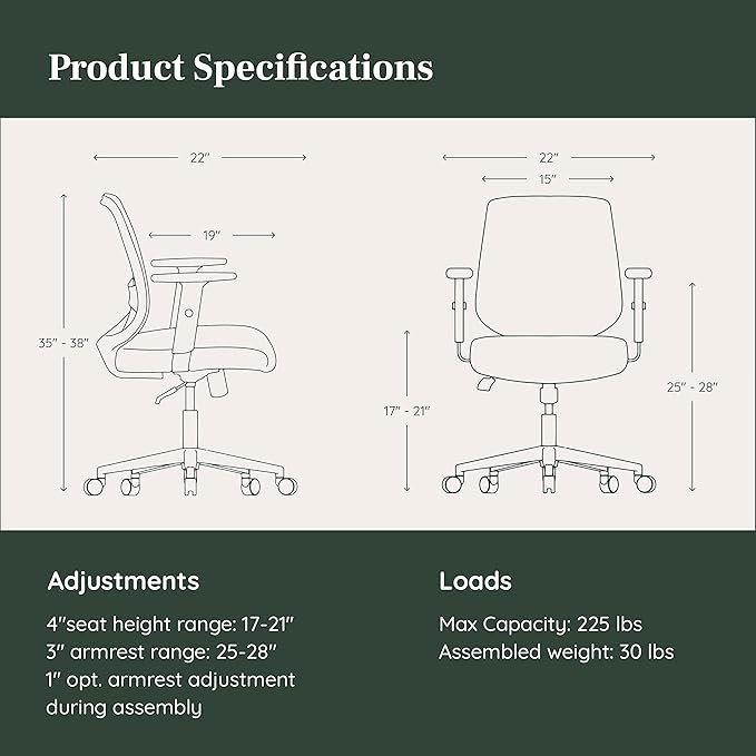 Branch Daily Chair - Computer Office Chair with Swivel, Lumbar Rest, and Adjustable Armrests - Sustainable, Stylish Mesh, & Adjustable Armrests - Comfortable Seating for Improved Posture - Black