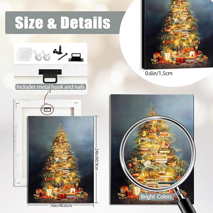 Vintage Books Christmas Tree Canvas Wall Art - Rustic Literary Still Life Framed Print for Cozy Winter Decor, Light Academia Christmas Wall Art, Unique Christmas Gifts & Festive Decorations
