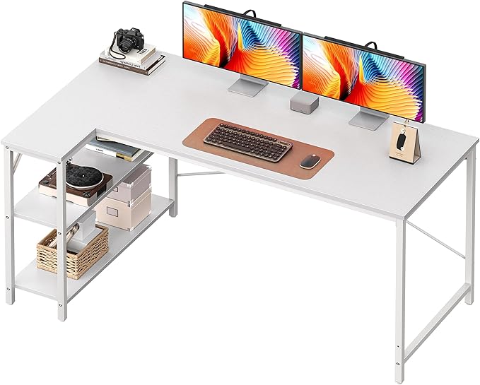 Huuger L Shaped Desk, 55 Inches Computer Desk with Reversible Storage Shelves, for Gaming Corner Home Office Writing Study, Metal Frame, White