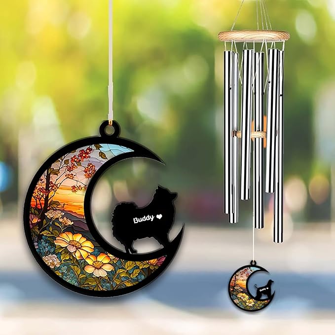 Pomeranian Sun Catcher Wind Chime, Custom Sunflower Suncatcher Dog Memorial Wind Chime, Dog Loss Gift, Dog Sympathy Gift, Pet Loss Suncatcher, Outdoor Garden Decor