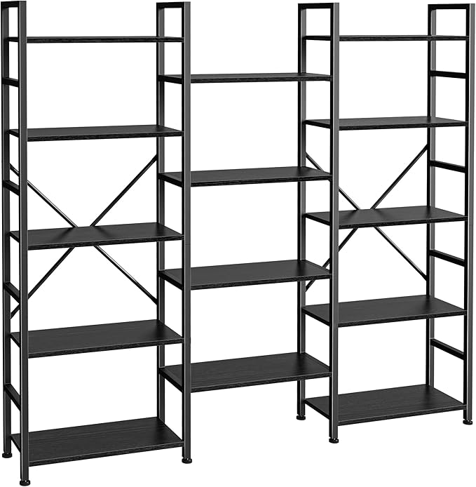 SUPERJARE Triple 5 Tier Bookshelf, Bookcase with 14 Open Display Shelves, Wide Book Shelf Book Case for Home & Office, Black