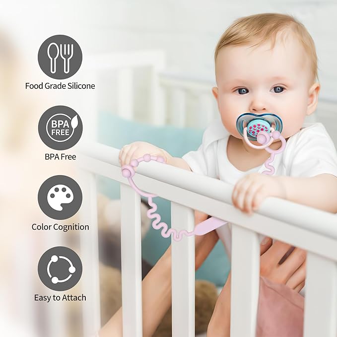 Toy Straps for Baby, Pacifier Holder Clip with Self-Adjusting Bayonet, Pure Silicone Material Without BPA; Can Be Used for Teethers, Feeding Bottles, Toys, Baby Cribs, High Chairs(5PS)