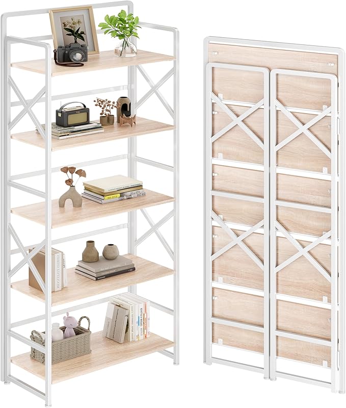 No Assembly Folding Bookshelf, 5 Tiers Vintage Wood Collapsible Book Shelf for Storage,Industrial Metal Foldable Bookcase Organizer for Living Room Bedroom Home Office (Beige)