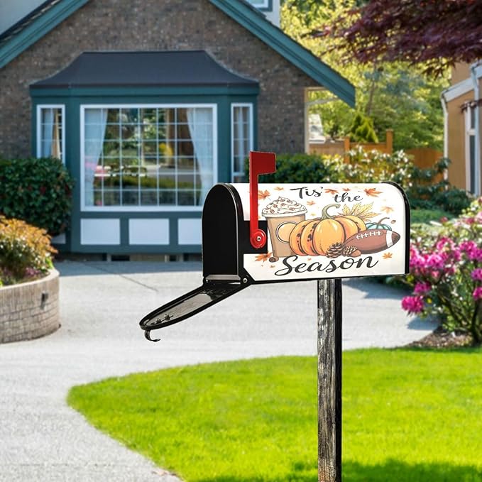 Fall Autumn Maple Leaf Pumpkin Football Magnetic Mailbox Cover MailWraps Garden Yard Home Decor for Outside Oversized-25.5" x20.8"