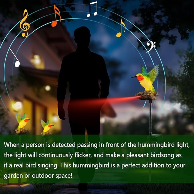 Hummingbird Solar Lights for Outside with Simulated Hummingbird Call and Breathing Light Waterproof Hummingbird Statue for Garden Decorative Lighting, for All Seasons