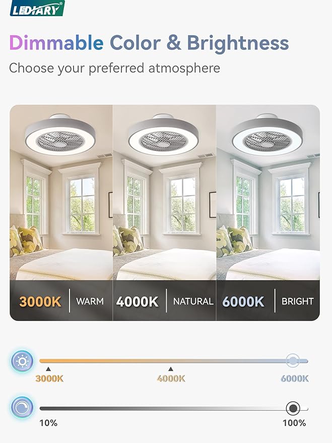 LEDIARY 20 Inch Low Profile Ceiling Fan with Light, Led Bladeless Ceiling Fan, Remote Control Enclosed Flush Mount Ceiling Fans with Timming, 3000-6000K, 6 Wind Speed, 3000LM, 57W-Grey RGB