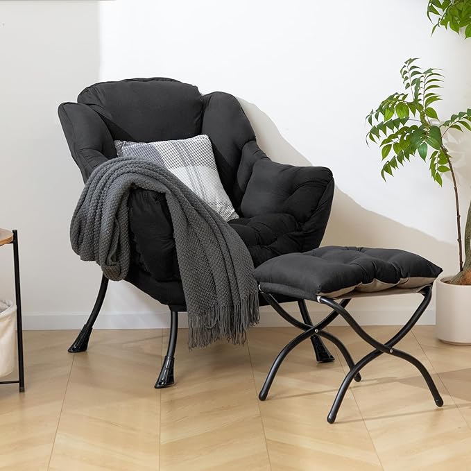 HollyHOME Lazy Chair with Foldable Ottoman,Accent Comfy Lounge Arm Chair and Folding Footrest Stool Set,Leisure Sofa Reading Chair and Footstool for Living Room,Bedroom, Dorm,Peachskin Fabric Black
