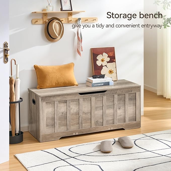 47.2" Storage Chest Extra Large,Storage Trunk with 2 Safety Hinges,Wooden Storage Bench,Shoe Bench,47.2x15.7x19.1 Inch,Easy Assembly,Storage Bench for Bedroom,Living Room,entryway(Greige).