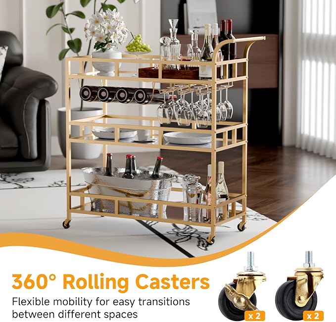 TONGMO Gold Bar Carts with 3 Tier Mirror Shelves, Home Bar Cart with Wine Rack and Glass Holder, Perfect for Indoor and Outdoor Use, Stylish and Functional Kitchen and Entertainment Space Addition
