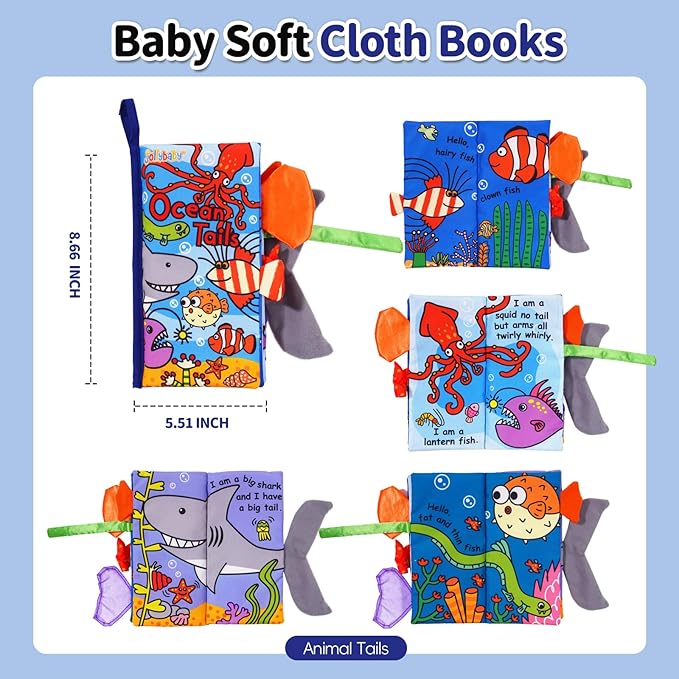 Jollybaby Baby Cloth Books, Touch & Feel Crinkle Soft Books, for Infants Babies, Toddler Early Educational Interactive Stroller Toys, Baby Girl & Boy Gift(Ocean Tails)