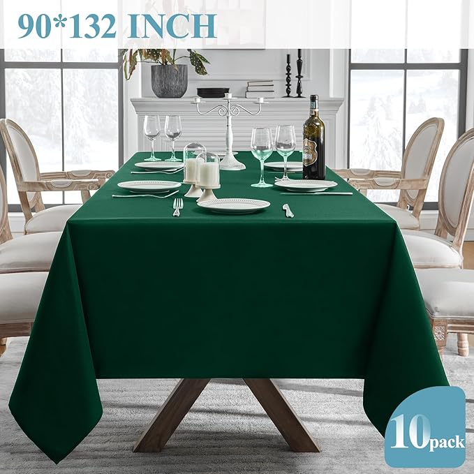 VidaFete Tablecloth 10 Pack 90 * 132inch Rectangle Table Cloth Polyester, Stain Wrinkle Resistant Polyester Dining Table Cover for Kitchen Dinning Party Wedding Rectangular Buffet Decoration(Green)