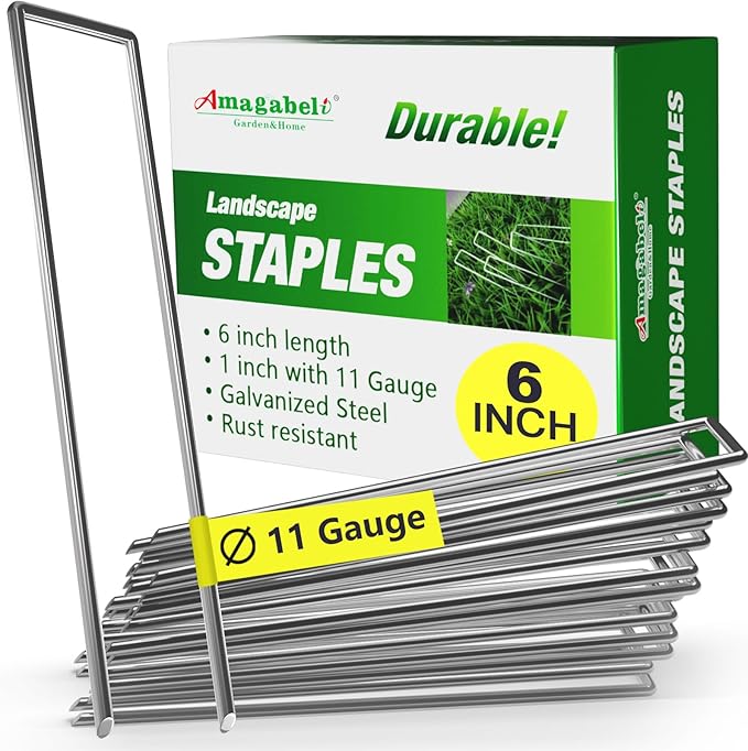 AMAGABELI GARDEN & HOME 6 Inch 100 Pack Galvanized Landscape Staples 11 Gauge Anti-Rust Heavy Duty Garden Staples Plant Cover Stakes U-Shaped Sod Pins Ground Fence Stakes for Weed Barrier Fabric