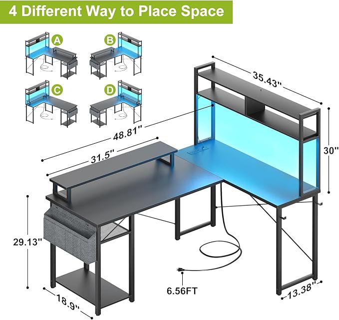 Small L Shaped Desk Gaming Desk with Power Outlets, 48" Reversible L Shaped LED Computer Desk with Monitor Stand & Storage Shelf, Corner Gamer Desk Home Office Desk with Storage Bag, Black