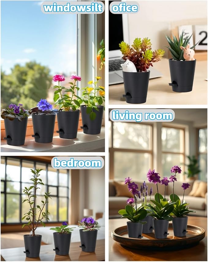 12 Pack 4 Inch Self Watering Plant Pots with Drainage and Saucers，Plastic Flower Pots for Indoor and Outdoor Plants, Nursery Planters for Houseplants and Herbs Black, 4 inch 12pcs
