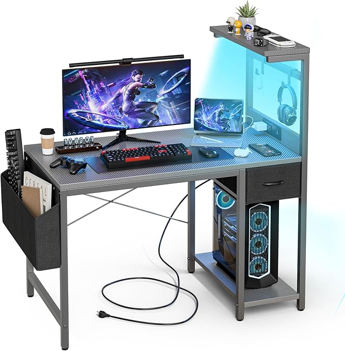 Gaming Desk 40 Inch with Power Outlet and LED Light, Computer Desk with Reversible Shelves and Storage Drawer, Pc Workstation for Home Office with Bag, Carbon Fiber Grey