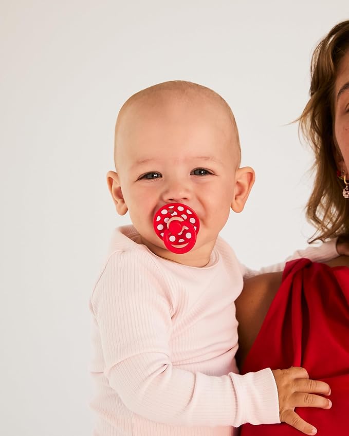 BIBS Polka Dots Pacifier 2-Pack, BPA Free Pacifiers with a Anatomical Latex Nipple, Made in Scandinavia, Size 2 (6-18 Months), Blossom/Candy Apple