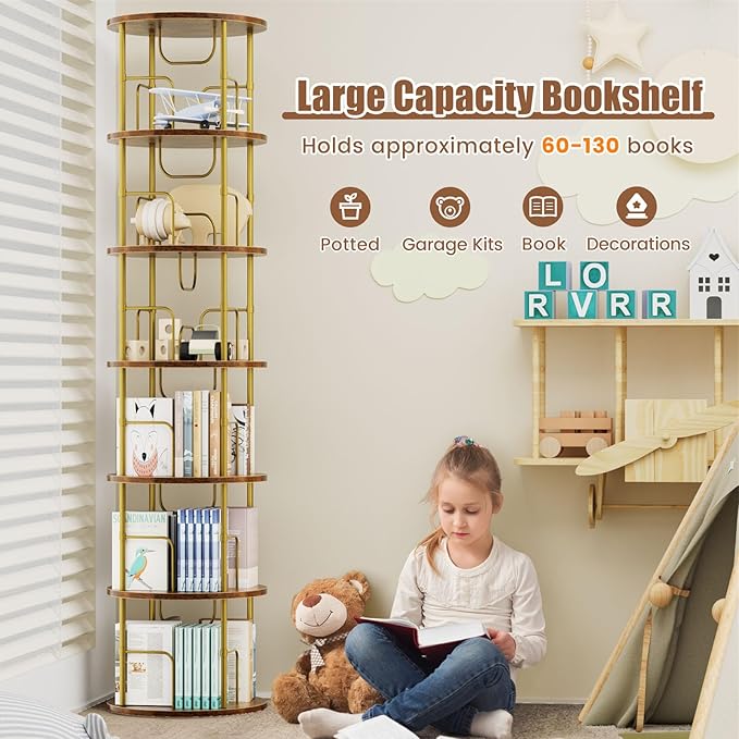 6 Tier Rotating Bookshelf, 360 ° Display Stackable Spinning Bookshelf Tower, Corner Bookshelf Tall Floor Standing Swivel Bookcase Narrow Storage Organizer for Bedroom, Living Room, Gold