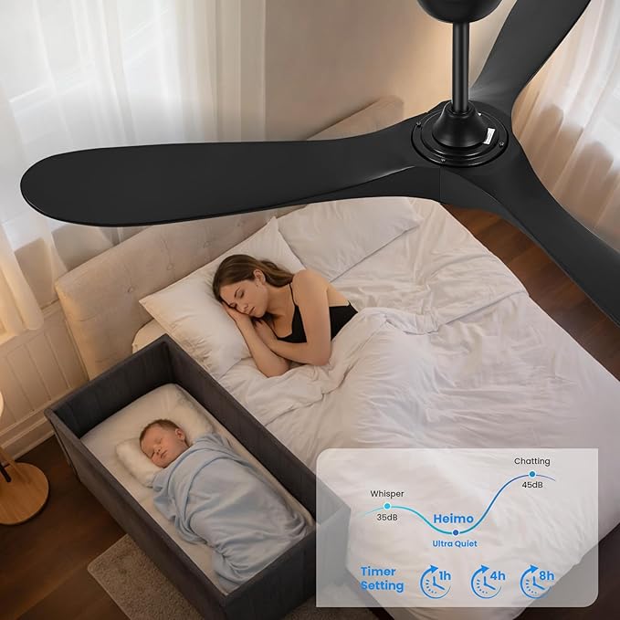 heimo 52 Inch Black Ceiling Fan with Light and Remote, Wood Outdoor Ceiling Fans with Lights Dimmable for Bedroom Living Room Patios Kitchen Modern 3 Blade Propeller Indoor Fan
