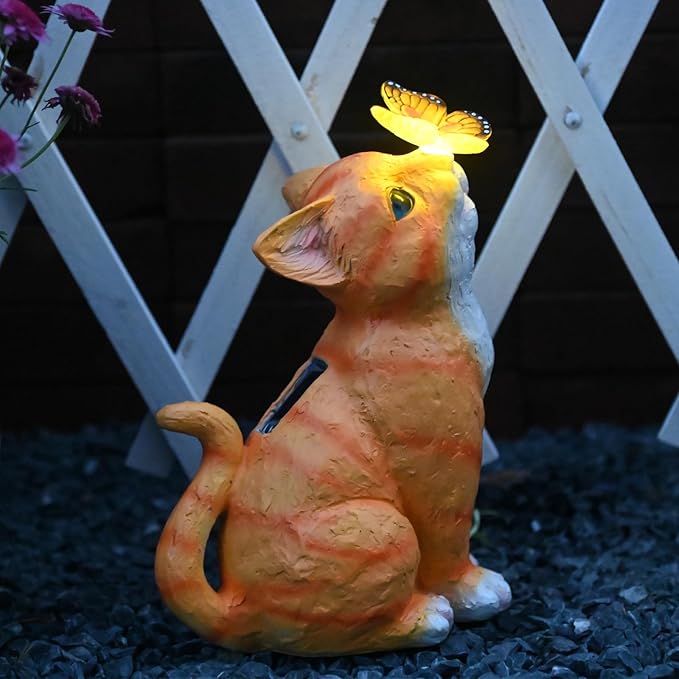 Cat Garden Figurines Outdoor Decor Solar Statue with LED Lights for Patio Lawn Yard Art Decoration Housewarming Garden Gift