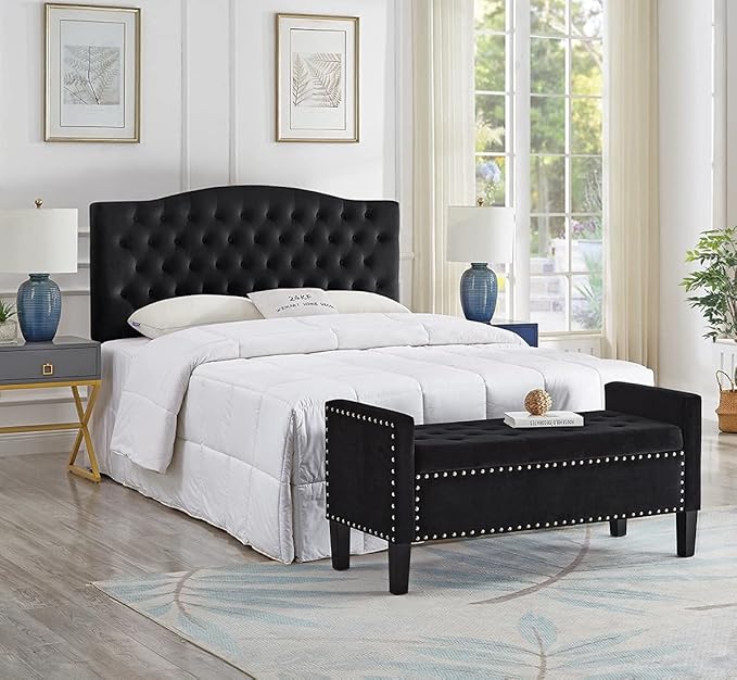 24KF Velvet Modern Upholstered Tufted Button Storage Bench with Arms for Bedroom,Entryway Living Room Soft Padded Seat-Black