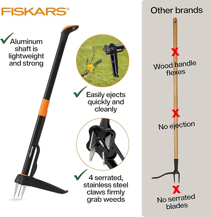 Fiskars 4-Claw Stand Up Weed Puller Tool, Gardening Hand Weeding Tool with 39" Long Ergonomic Handle with Easy-Eject Mechanism