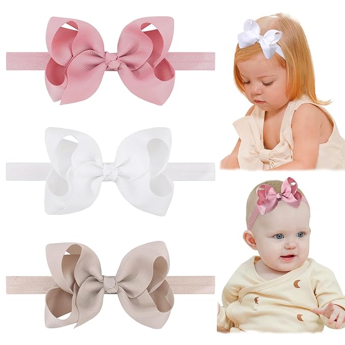 jollybows Baby Girls Headbands, 3 PCS 4in Grosgrain Ribbon Hair Bows - White, Cream, Pink, for Baby Girls Infants Toddler Kids Teens and Children