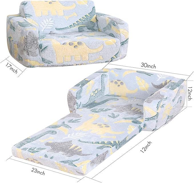 Foldable Kids Sofa Extra Wide for 2 Seats,Soft Kids Fold Out Couch Glow in The Dark,Convertible Sofa to Lounger Toddler Sofa Chair(Dinosaur)