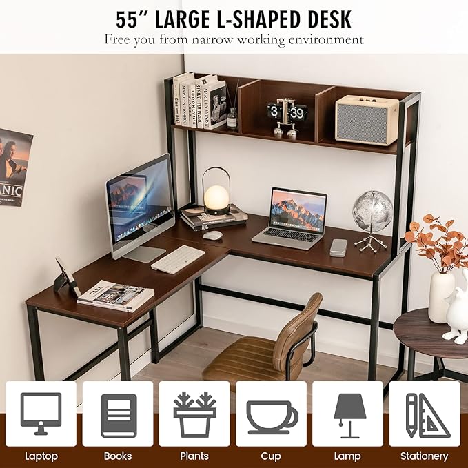 Tangkula Reversible L-Shaped Desk with Hutch, Space Saving Corner Computer Desk with Storage Shelves, Home Office Study Writing Desk Computer Workstation with Storage Bookshelf, Gaming Desk