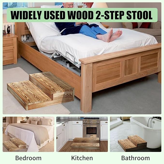 Wooden 2 Step Stool for High Beds, Moderate & Applicable 2-Step Stools for Seniors, Solid Wood steppingStool, Built-in Handle for Easy Carrying, 25.6" W