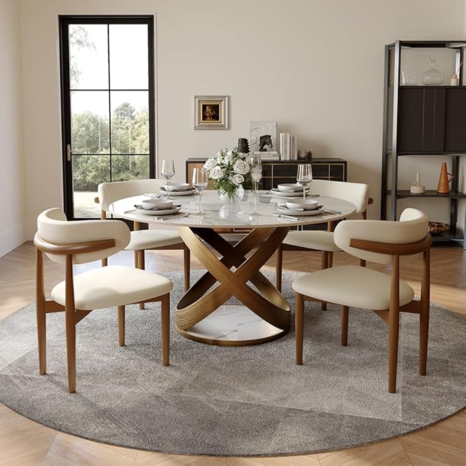 POVISON 51" Modern Round Dining Table for 4-6, Glossy White Round Dining Room Table, Sintered Stone Dining Tabletop with Bronze X Carbon Steel Base (Dining Table Only)