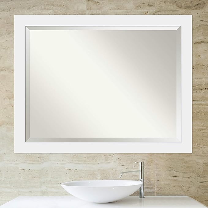 Amanti Art White Bathroom Mirror for Over Sink, 35x45 Corvino White Rectangle Vanity Mirror, X-Large Modern Contemporary Wood Frame, Hangs Horizonally and Vertically, Bathroom Wall Decor, Beveled Edge