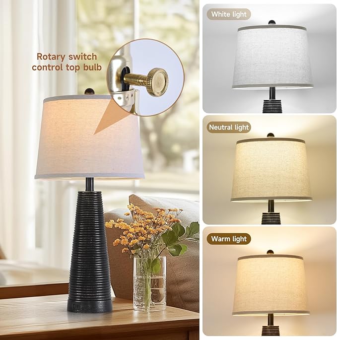 Terpsichore Nightstand Lamp Bedside Lamps Set of 2 Desk Lamp Vintage Rustic Farmhouse Table Lamp 3 Way Dimmable Light,Bulb*2,USB A+C Port (Black with Gold, High 27 Inch)