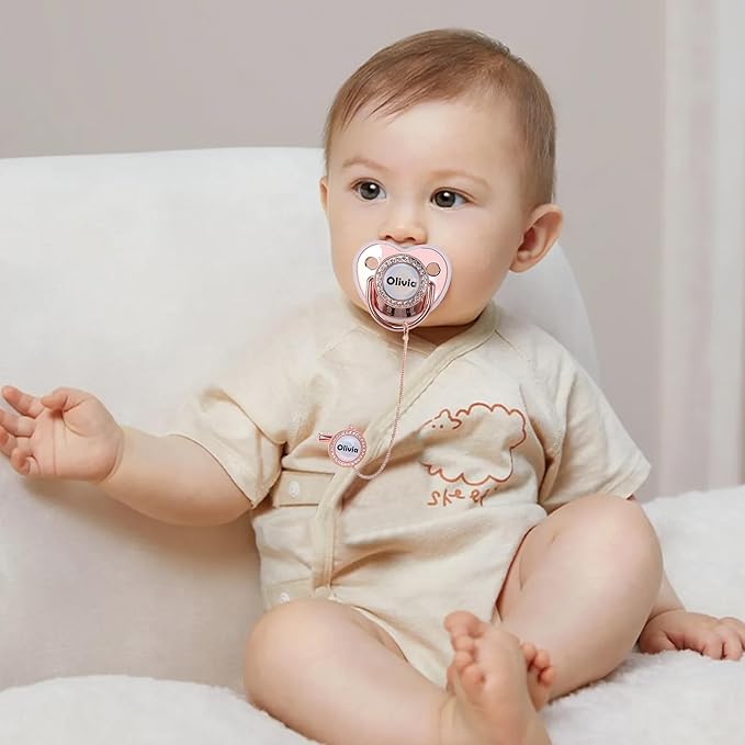 Custom Pacifier with Name, Bling Personalized Pacifier Set with Gift Box, Glitter Crystal Luxurious Soother Dummy Ideal Gift for Boys Baby Shower(Pink)